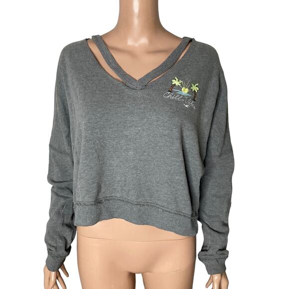 Hollister Sweatshirt Womens L Gray Cut Out Embroidered Chill Vibes Palms - Picture 9 of 11